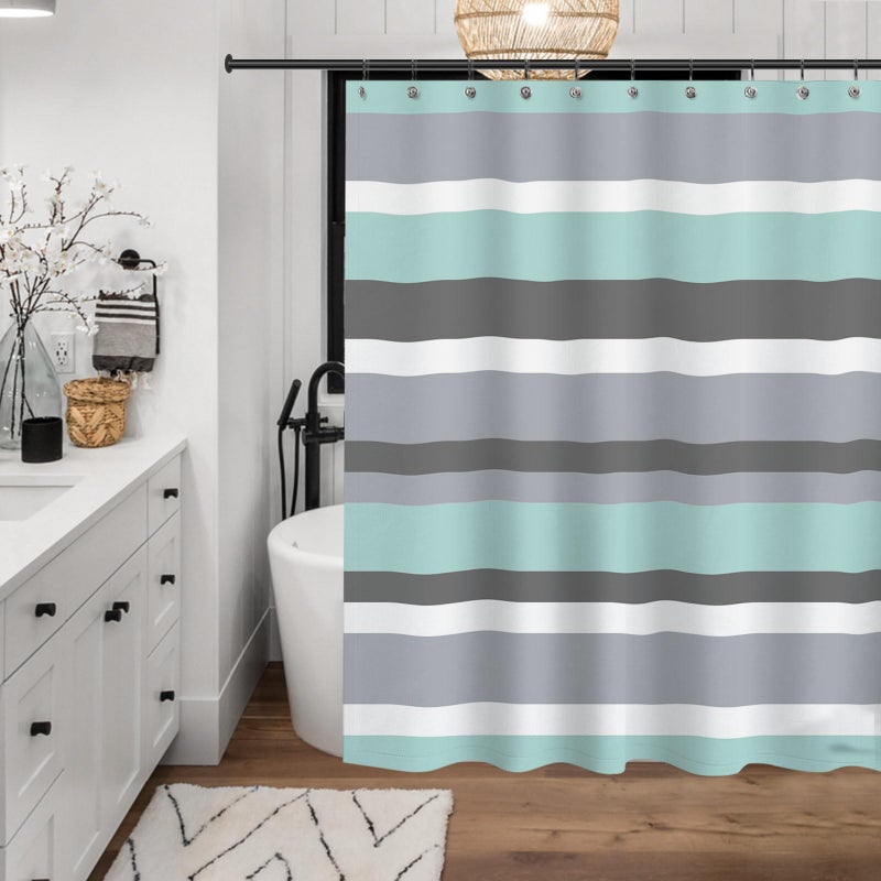 Sunlit Extra Long Aqua Blue Gray Horizontal Stripes Water-Repellent Fabric Shower Curtain with Reinforced Metal Grommets Refreshing Striped Design Bathroom Decor, 72" W x 84" H - Image 3
